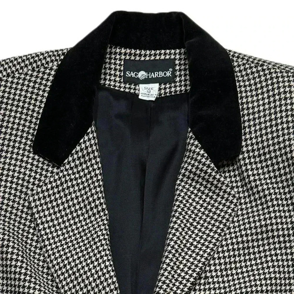 {Sag Harbor} Vintage Houndstooth Velvet Collar Wool Blend Blazer Suit Coat - Picture 3 of 4